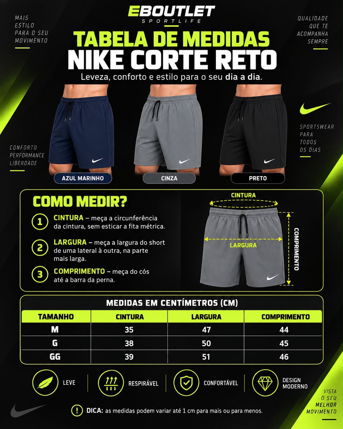 Tabela de medidas - Shorts Nike Corte Reto (M, G, GG)