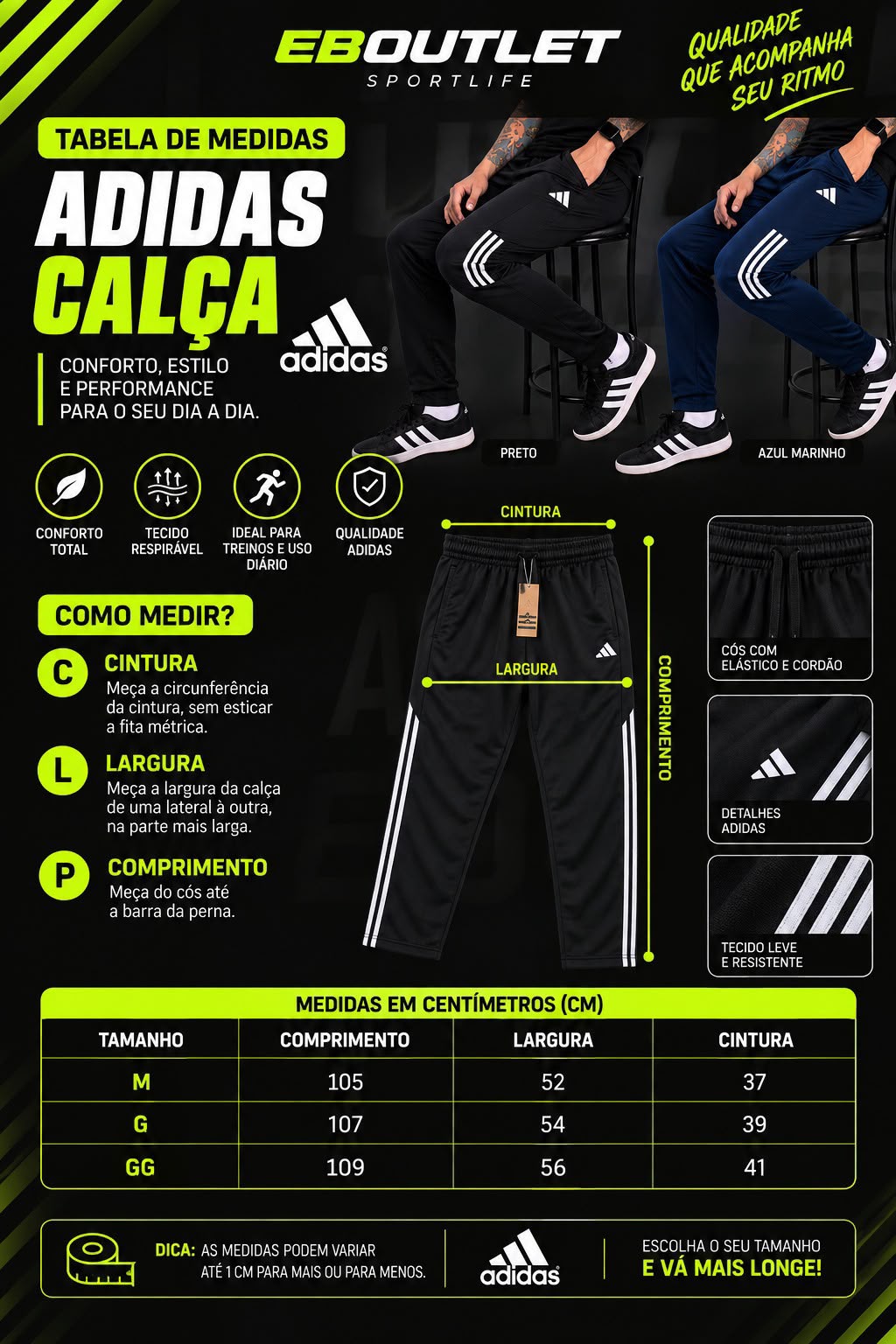 Tabela de medidas - Calca Adidas (M, G, GG)