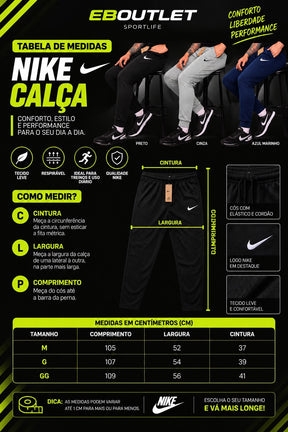 Tabela de medidas - Calça Nike (M, G, GG)