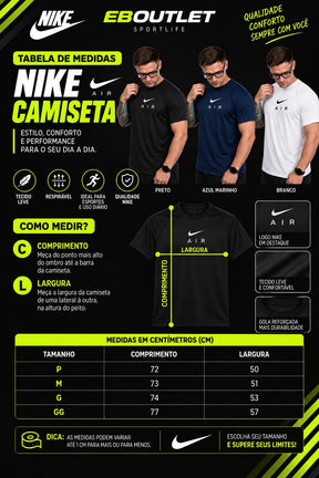 Tabela de medidas - Camiseta Nike Air (P, M, G, GG)