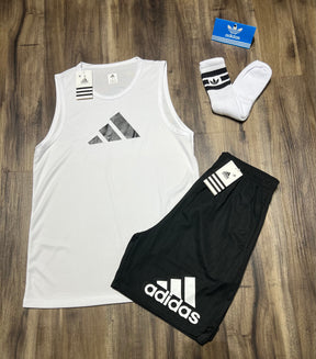 Kit Adidas Dri-Fit: Regata + Shorts + Meia (Modelo 1)